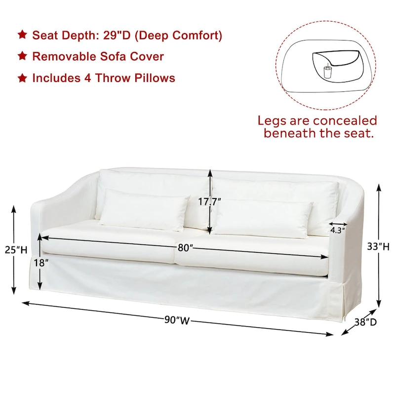 KINWELL 3-Seater Linen Slipcovered Sofa with 4 Pillows and Skirt, 90W