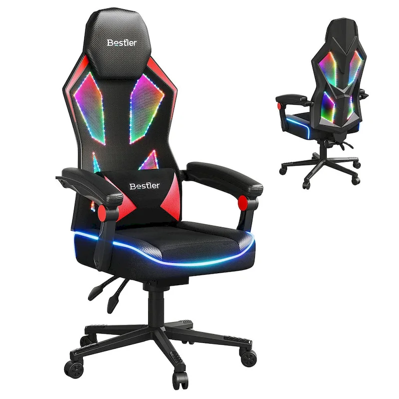 Ergonomic Gaming Chair with RGB LED Lights, Ventilated Fabric Computer Chair with Pocket Spring Cushion and Articulated Armrests