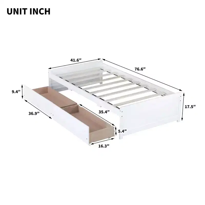 Luxystar Twin Size Wood Bed with 2 Drawers for Guest Rooms and Kids' rooms