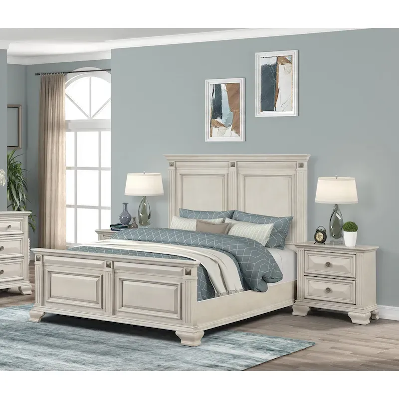 Roundhill Furniture Renova 3-Piece Distressed Parchment Wood Bedroom Set, Panel Bed with 2 Nightstands