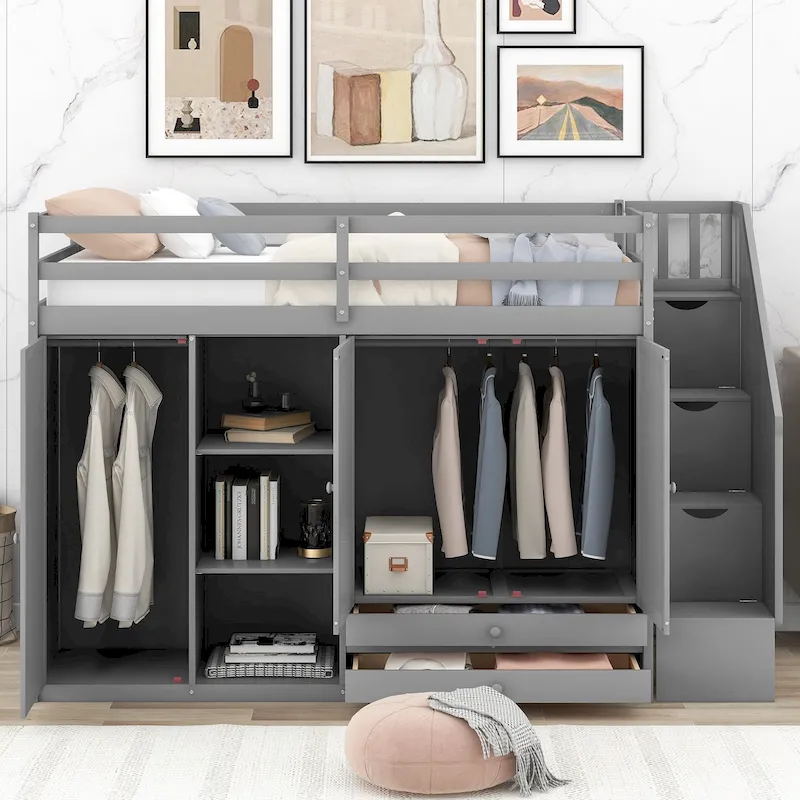 Functional Loft Bed with 3 Shelves, 2 Wardrobes and 2 Drawers, Ladder with Storage