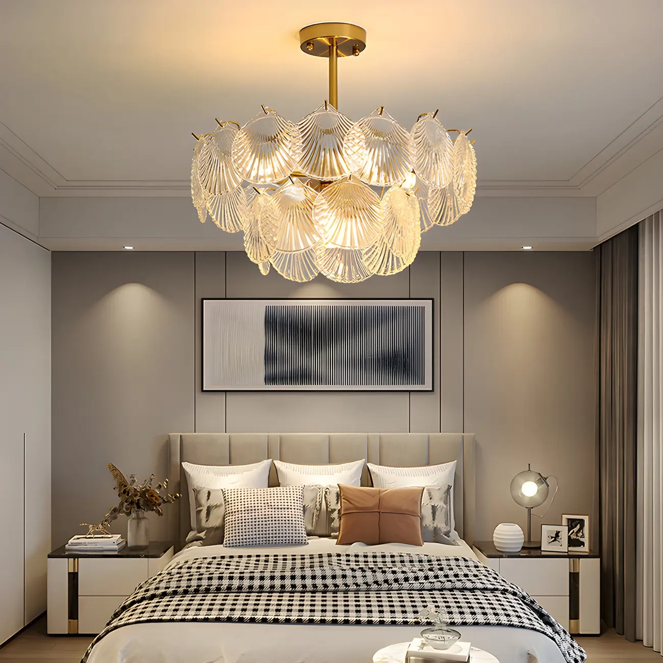 Adjustable Elegant Gold Unique Layered Scallop Glass Chandelier