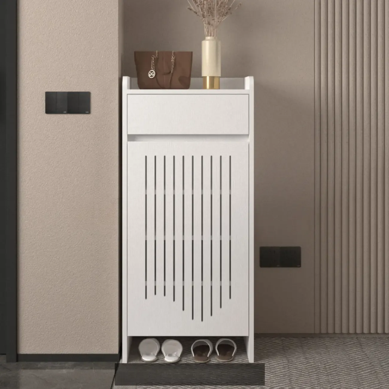 Modern Slim Wood Beige Entryway Shoe Cabinet