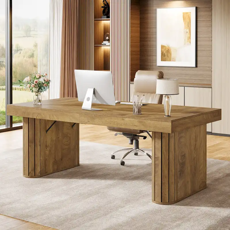 70.9  Executive Desk, Farmhouse Computer Desk, Large Workstation for Home Office, Brown