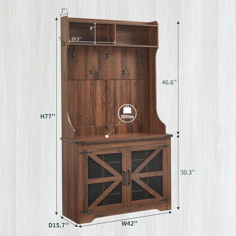 42 Wide Farmhouse Entryway Bench with Coat Rack, Mudroom Cabinet