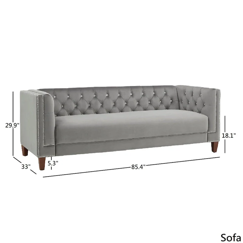Grey Velvet Tufted Sofa and Loveseat with Nailhead Trim