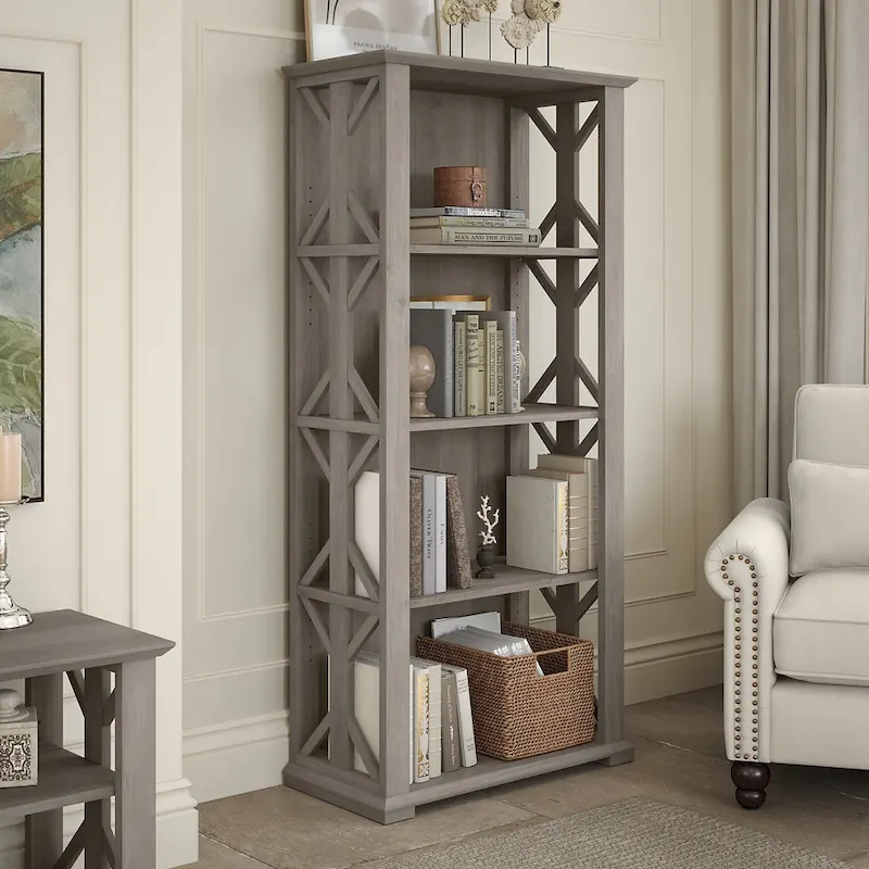 4-Shelf Bookcase in Linen White Oak / Driftwood Gray – 2 Adjustable Shelves