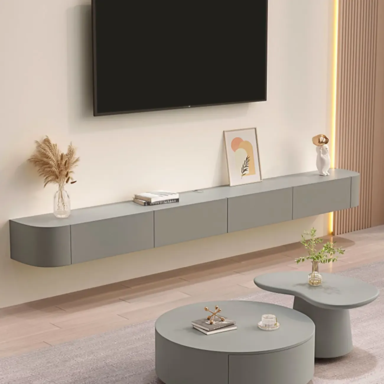 87 Grey Solid Wood Long Floating TV Stand with Drawers