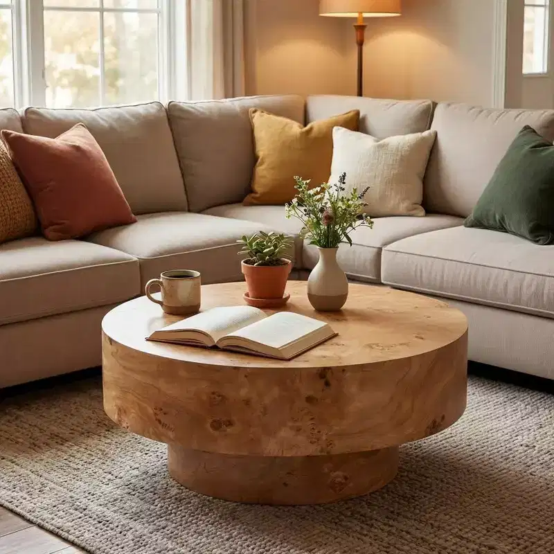 Natural / Walnut Modern Round Thick-Top Coffee Table