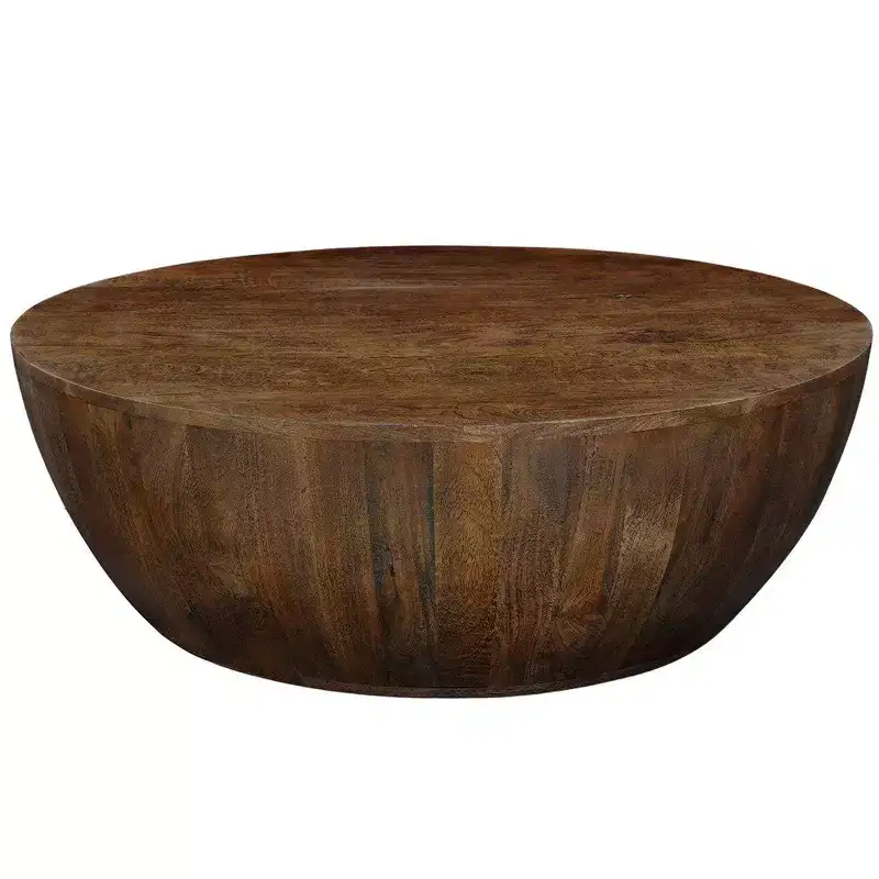 Royal Hampton Coffee Table | 35.5 Round Top | Drum Shaped Sandblasted Walnut Brown Mango Wood