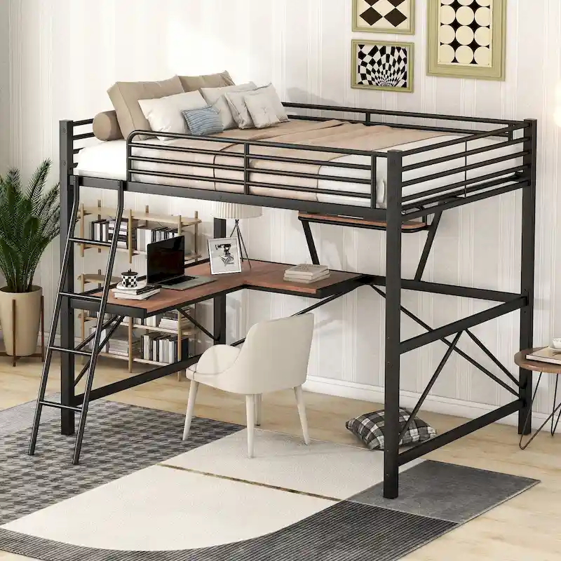 Loft Metal & MDF Bed with Desk and Shelf