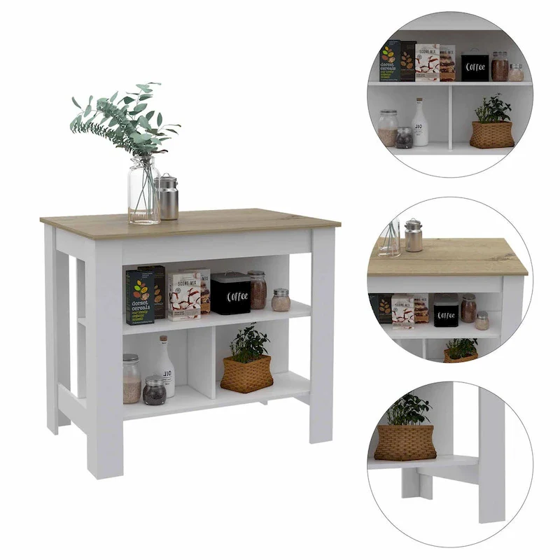 FM Furniture Brooklyn Kitchen Island, Three Concealed Shelves