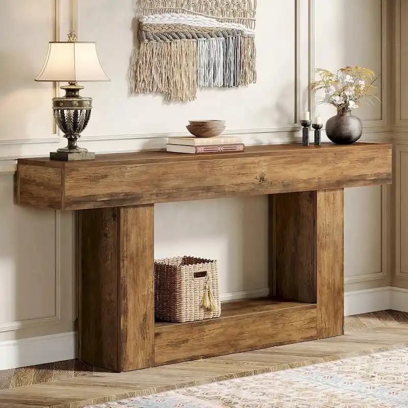 Farmhouse 2 Tiers Entryway Table, 63 Inches Console Table, Narrow Sofa Table