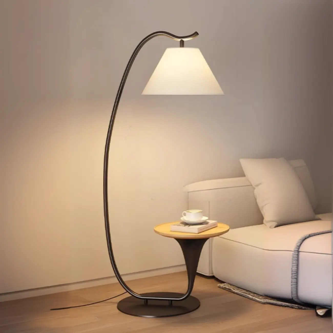 Minimalist Walnut Arc Floor Lamp with Table & Fabric Shade