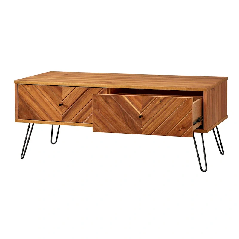 Coffee Table with 2 Drawers, Oak, Chevron Pattern, Mid-Century Modern, Acacia Veneer