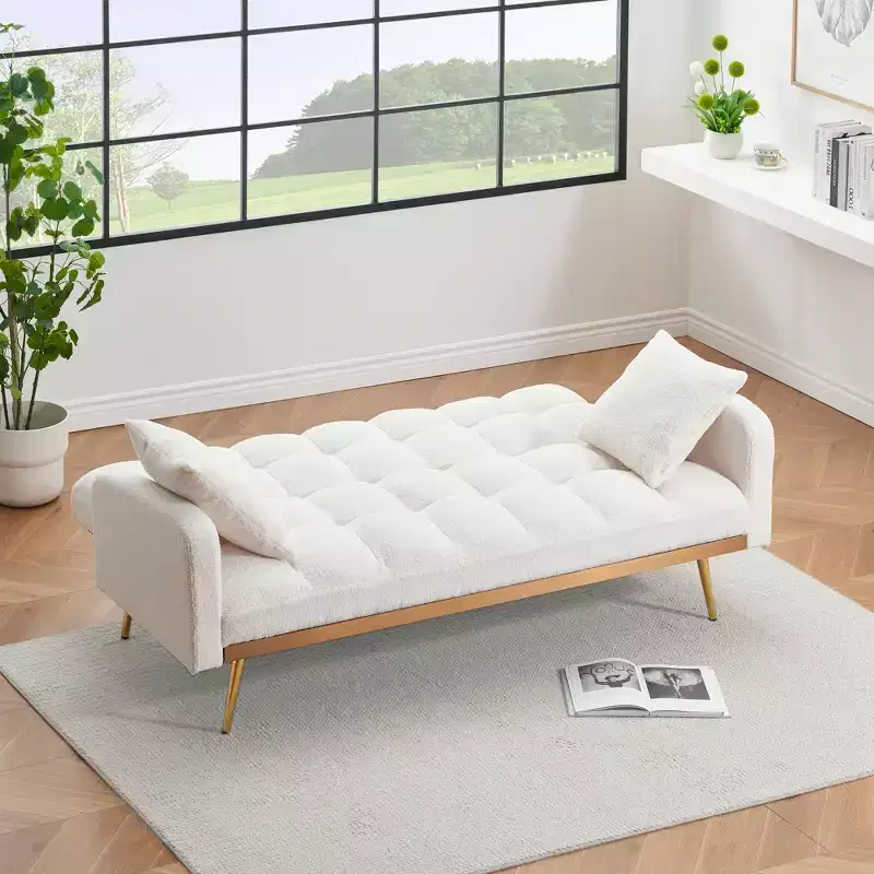 GDFStudio Smin Modern 69 Wooden Teddy Upholstered Sofa Bed with Adjustable Backrest
