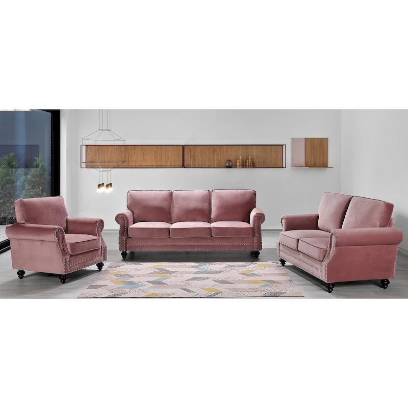 Ramos Nailhead Velvet 3-Piece Set-Loveseat Sofa and Chair