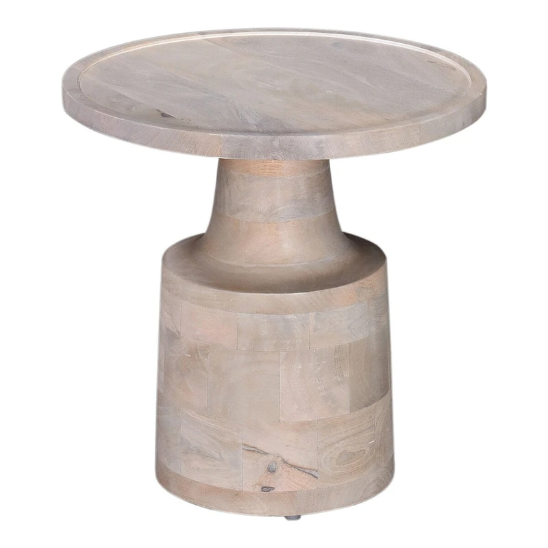 Side End Table, 18 Inch Round Top, Pedestal Base, Oak White Mango Wood