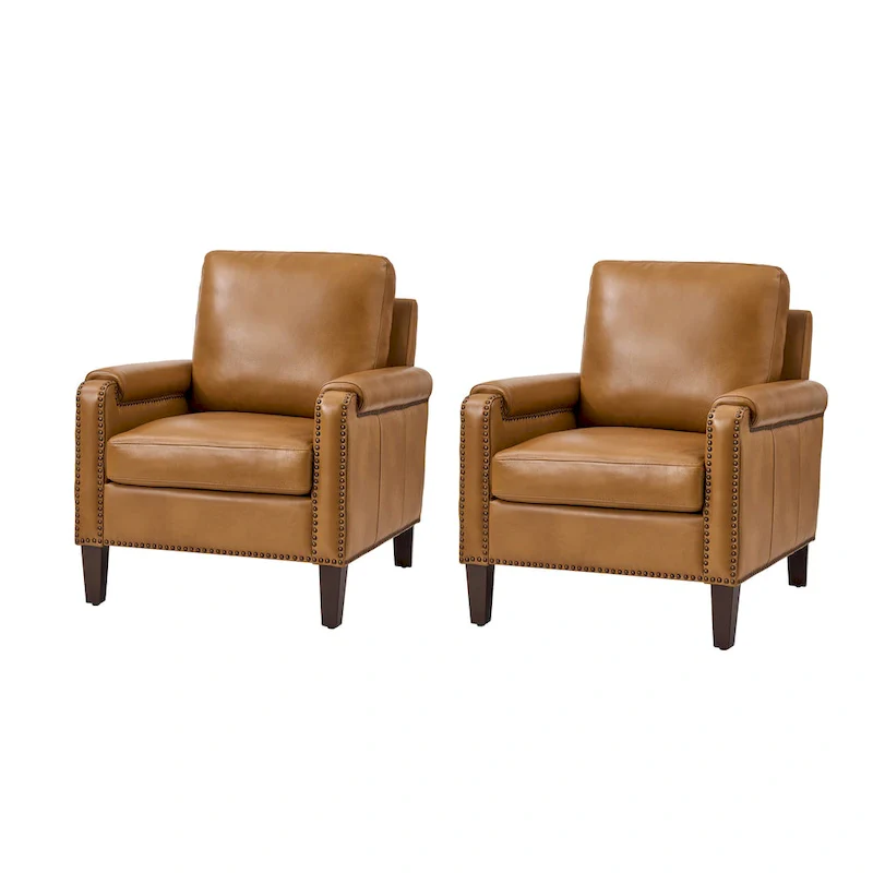 Kunz Transitional Genuine Leather Armchair with Removable Cushion and Nailhead Trims Set of 2 by HULALA HOME