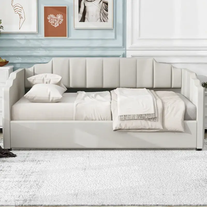 Upholstered Frame Daybed with Underneath Flip-up Storage and Irregular Guardrail, Full Size Sofa Bed for Bedroom Living Room