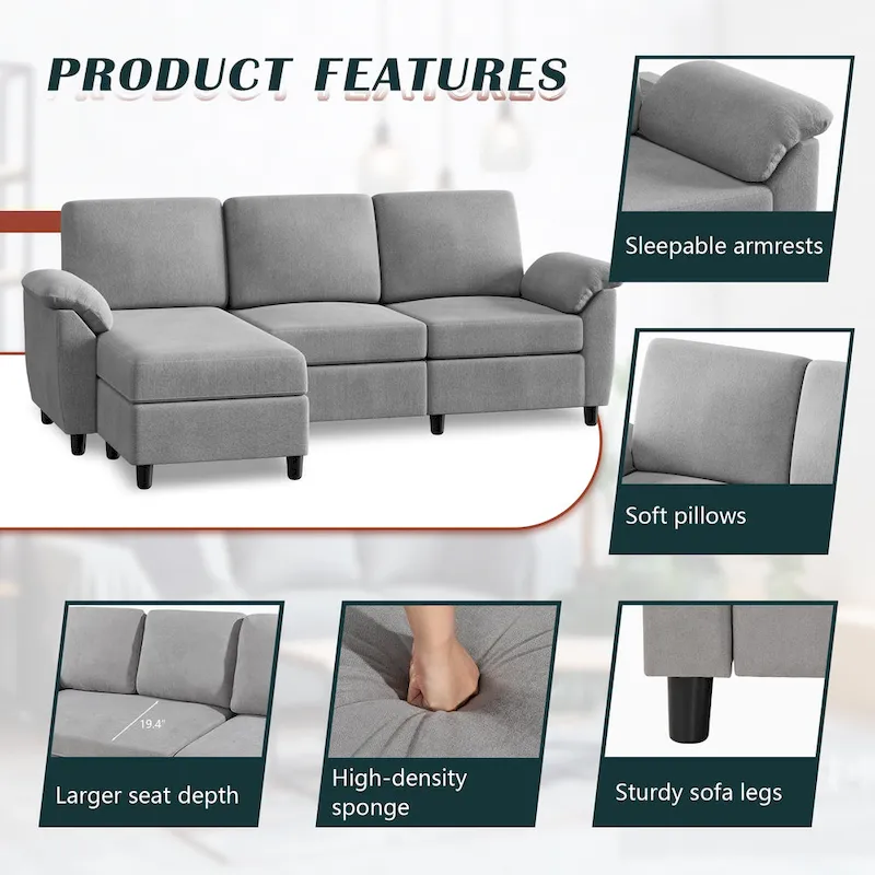 Futzca Sectional Sofa Couch, 3 Seat L Shaped Sofa with Removable Pillows