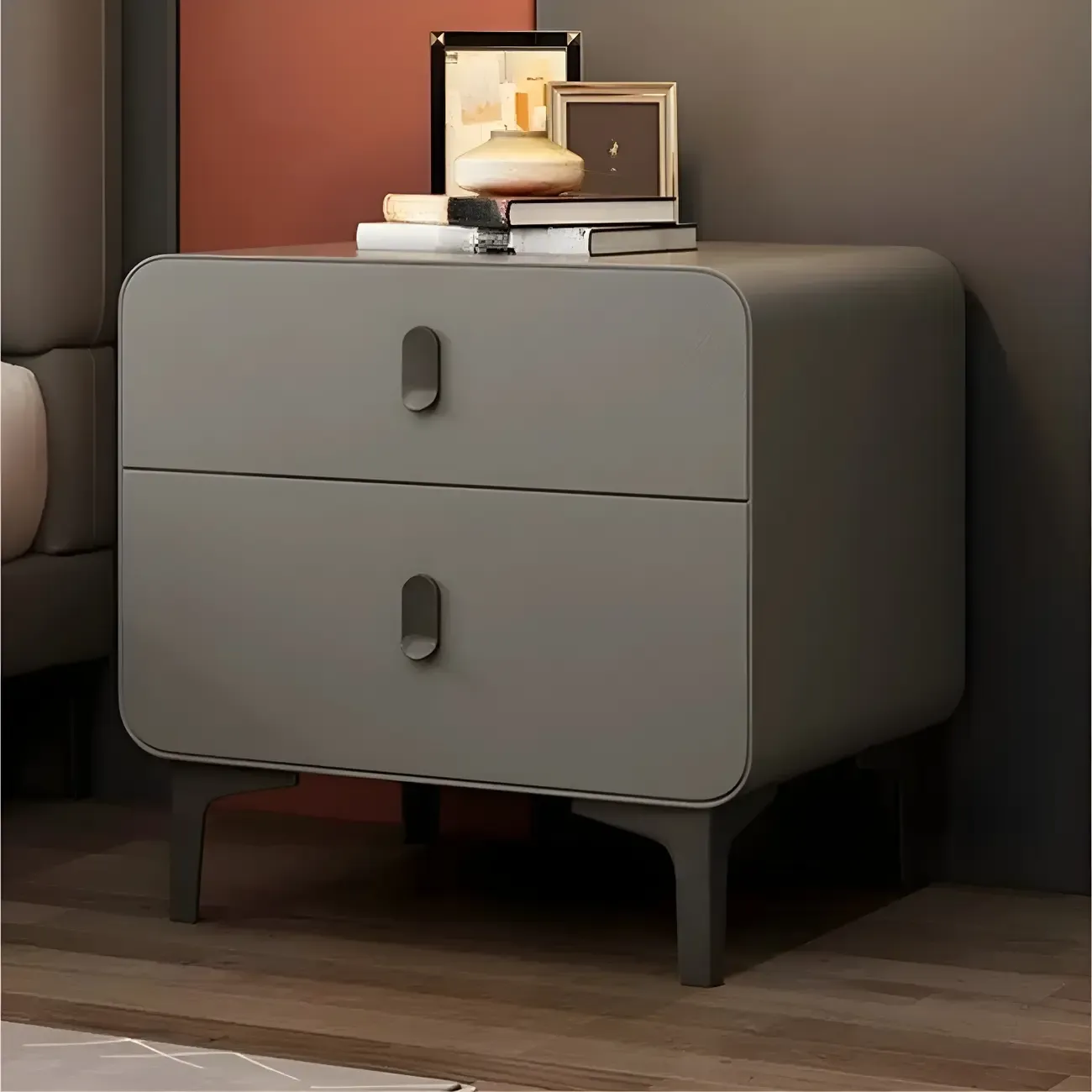 Freestanding Leather Arched Edge White Nightstand with Drawers