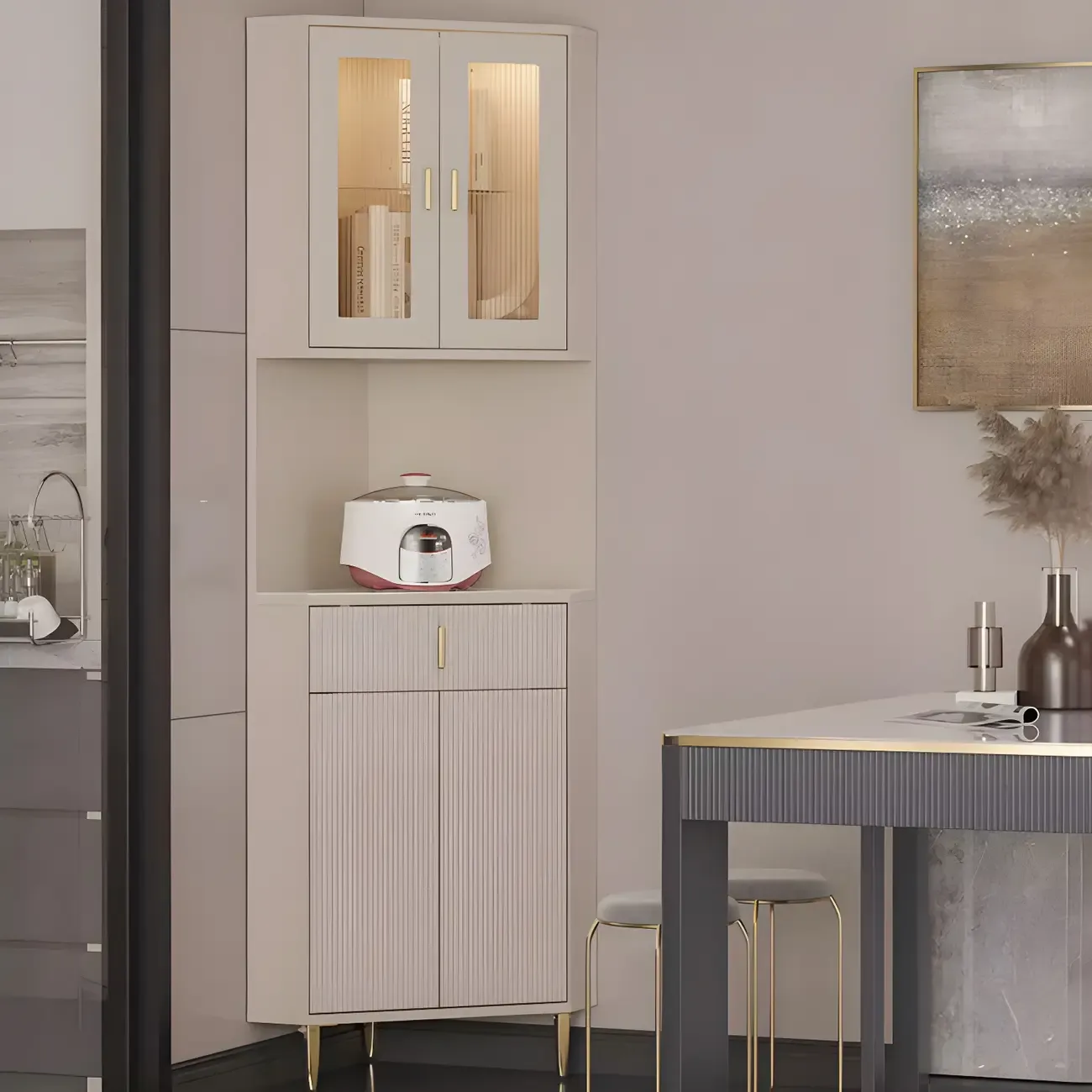 Modern Cream White Wood Gold Accent Storage Corner Cabinet