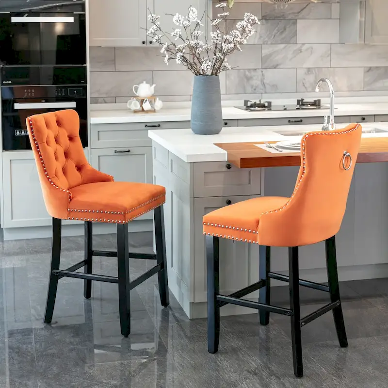 Contemporary Velvet Upholstered Barstools with Button Tufted Decoration and Wooden Legs,Set of 2