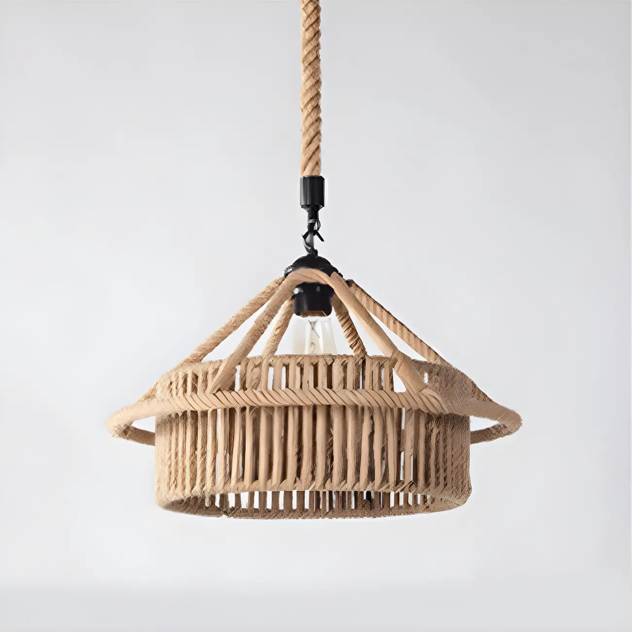 Industrial Rattan Black Metal Hemp Rope Pendant Light