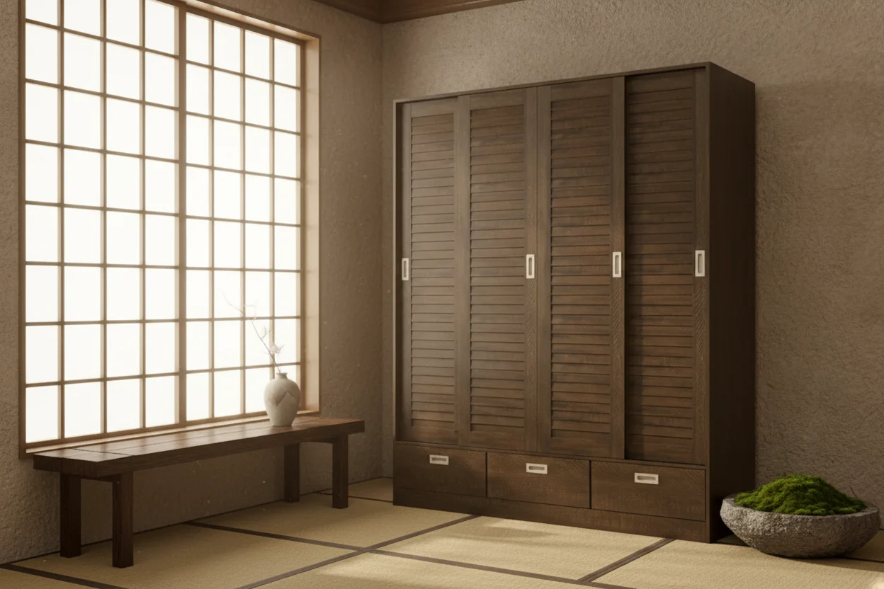 Brown Wood Grain Wardrobe with Drawers, Hanging Rod 4 Sliding Doors