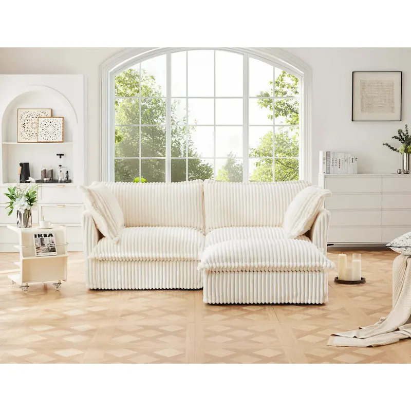 83.4 Corduroy L-Shaped Sectional Sofa with Ottoman