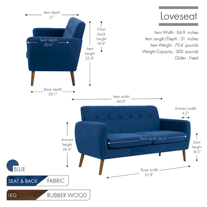 Two-Seater Sofa (Small), Fabric, Rubberwood