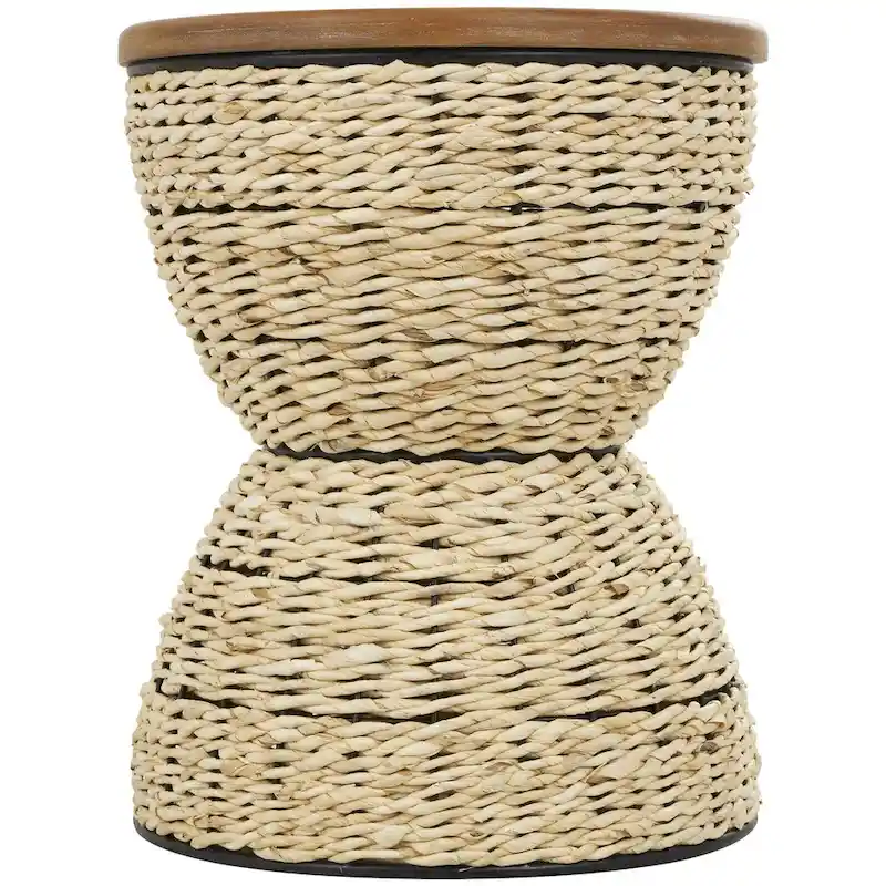 Rattan Handmade Woven Side End Accent Table with Wood Tabletop and Black Frame - Light Brown or Brown