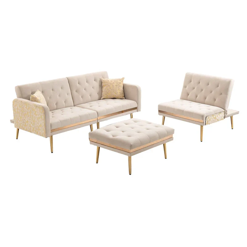 Polyester Upholstered Tufted Sleeper L-Shaped Sectional Sofa With Ottoman