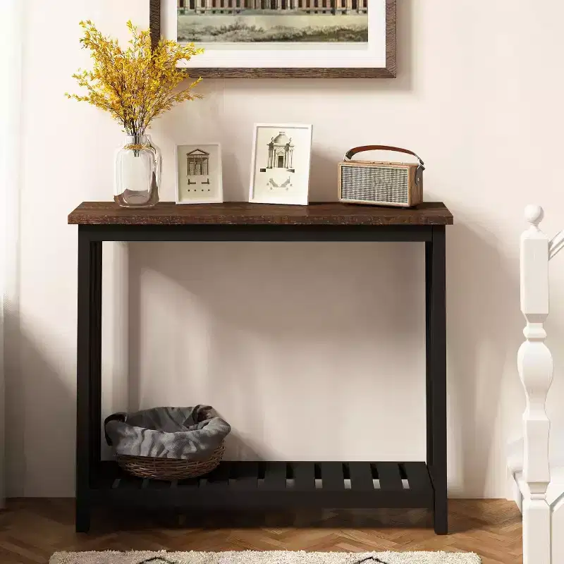 Black Frame Brown Top Rustic Console Table with Lower Shelf, 1-Person