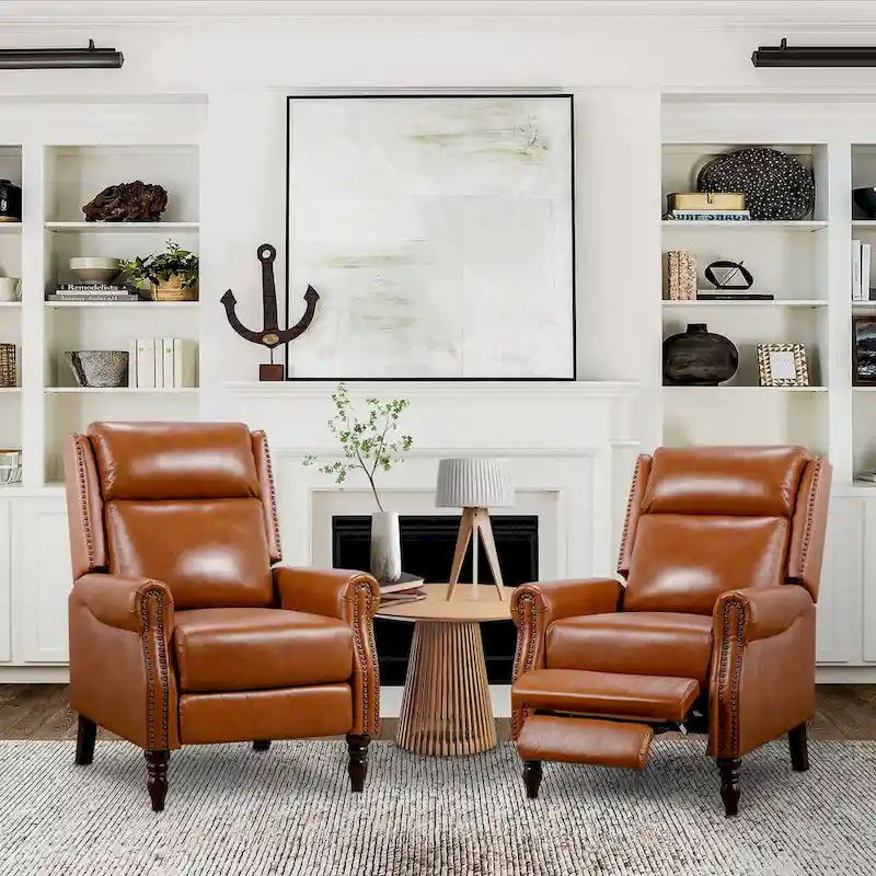 COZYMAN Mid-century Genuine Leather Recliner Adjustable Push Back Comfortable Set of 2 Arm Chairs for Living Room