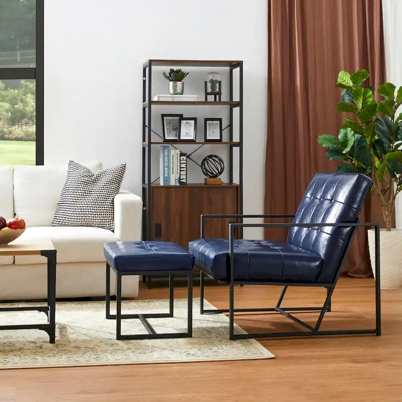 Glitzhome Modern PU Leather Tufted Accent Chair with Ottoman Set