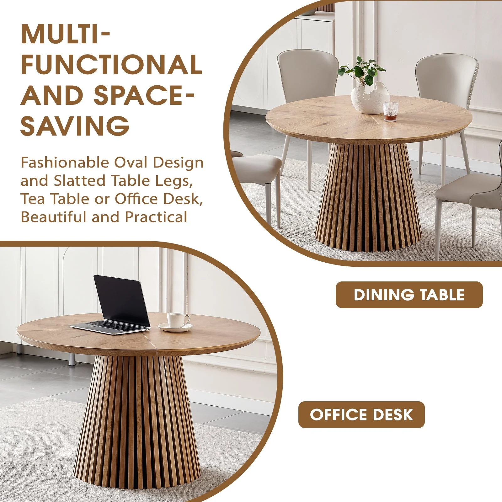 Modern Round Reeded Wooden Dining Table