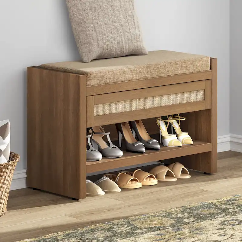 SICOTAS Rattan Shoe Bench Entryway Shoe Rack with Storage Organizer Drawer and Cushion