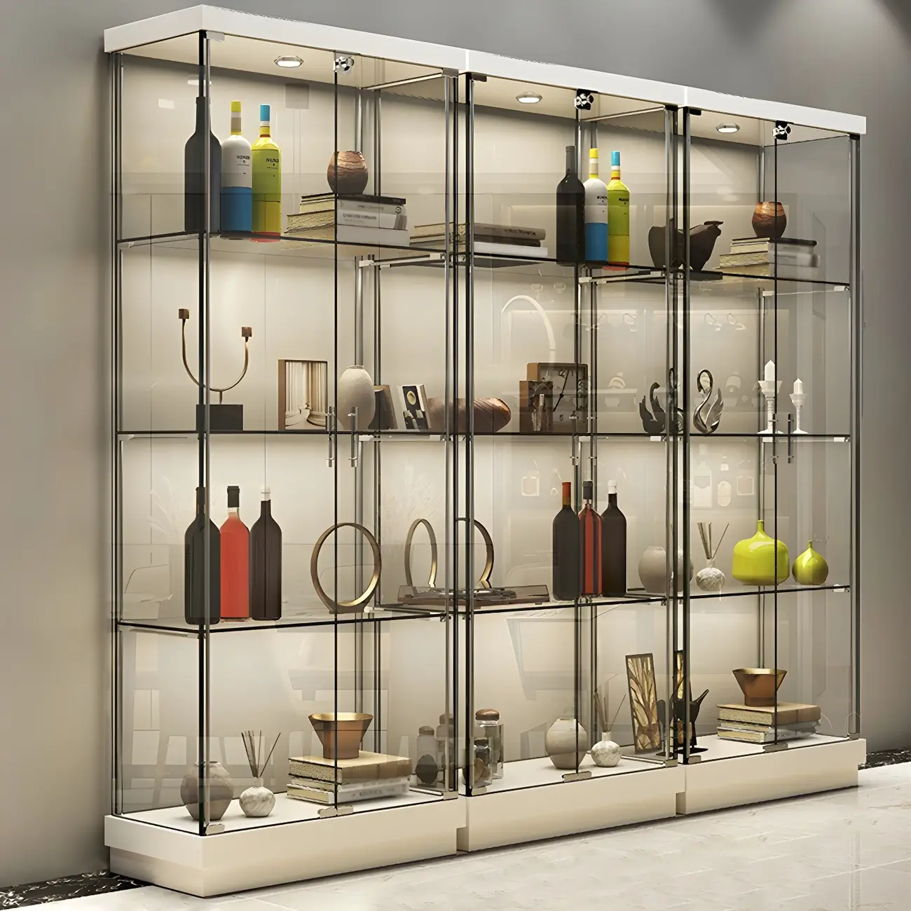 Fashion Black Clear Glass Tall Curio Cabinet with Light