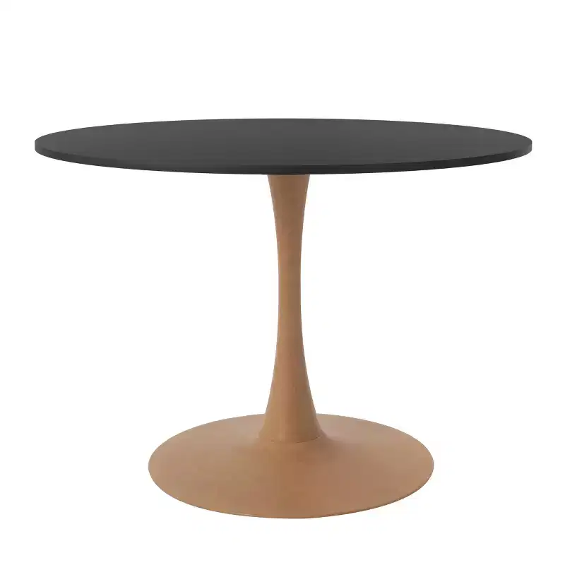 LeisureMod Bristol 35'' Modern Round Dining Table  Durable MDF Top and Wood-Transfer Natural Steel Base for Kitchen, Dining Room, or Cafes