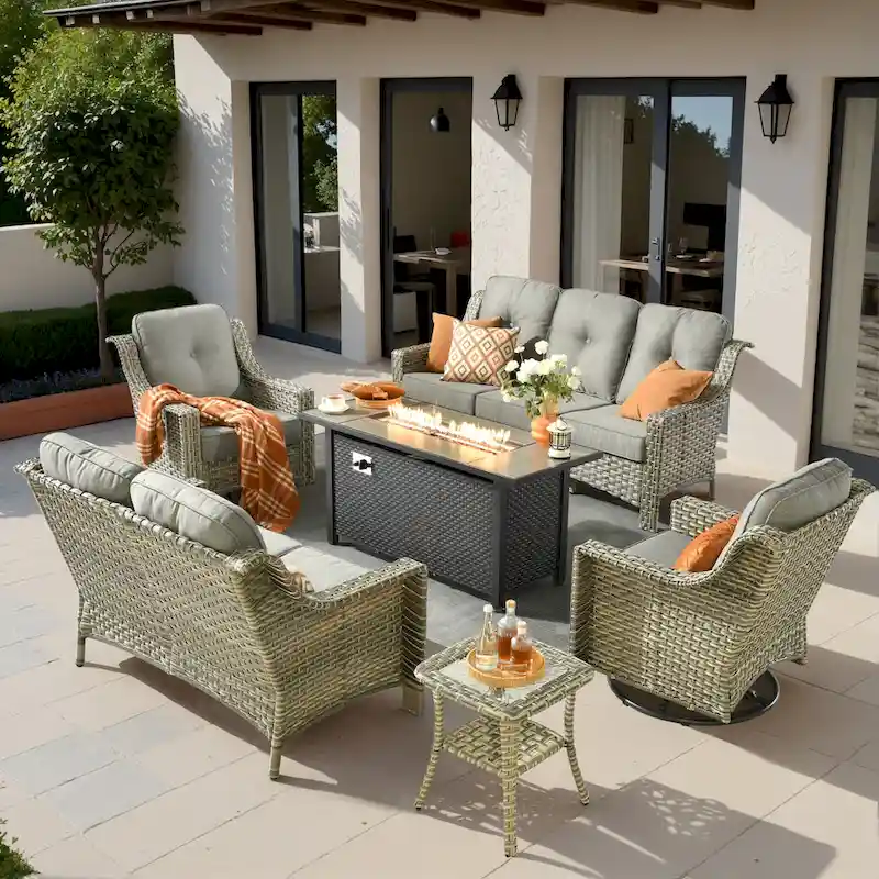 XIZZI 6-piece Patio Wicker Furniture Set with Fire Pit Table