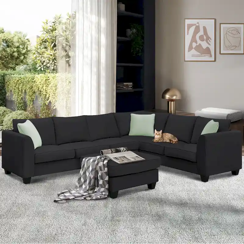 112*87  Sectional Sofa Couches Living Room Sets 7 Seats Modular Sectional Sofa with 3 Pillows, Black