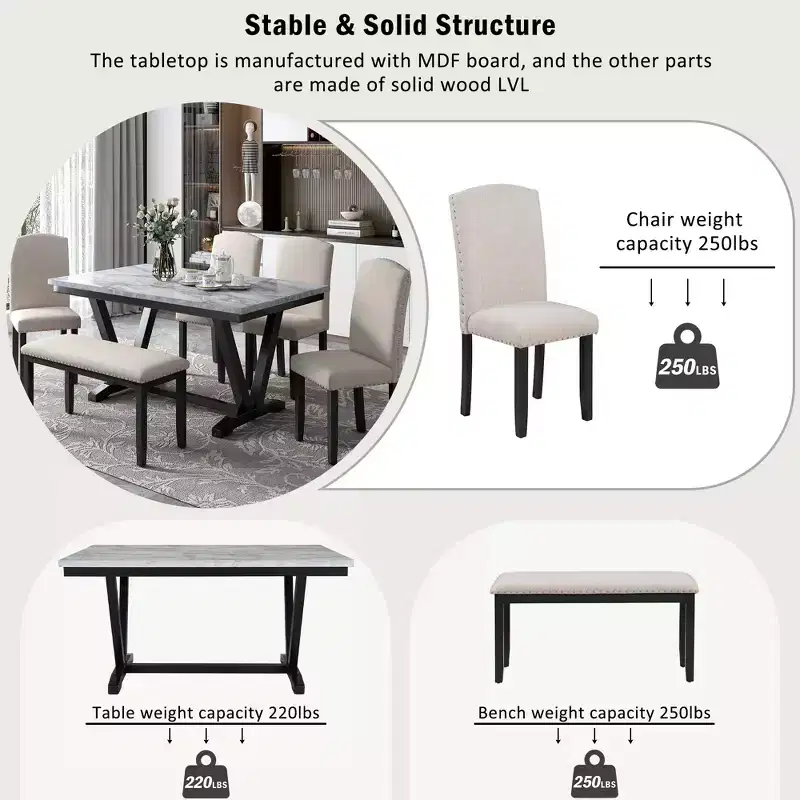 Whisen Modern Style 6-Piece Dining Table Set with 4 Chairs and 1 Bench and Teble with Marbled Veneers Tabletop - White