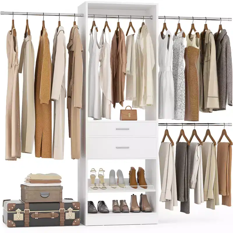 Besiost Closet System with 2 Wooden Drawers and Adjustable Shoes Rack