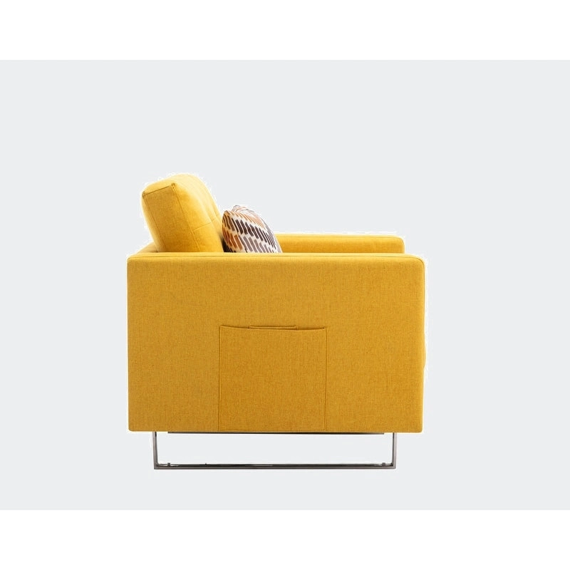 Linen Fabric Armchair with Metal Legs, Side Pockets, and Pillow