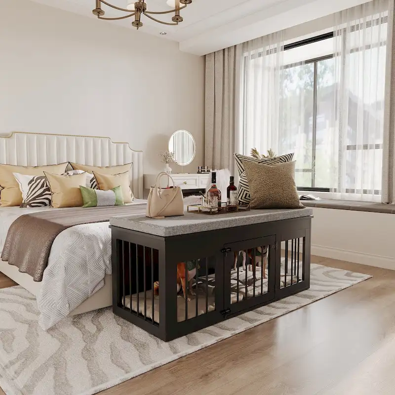 Chic Pet Haven: Luxe Wooden Dog Crate & Designer Home Bench - 47.2