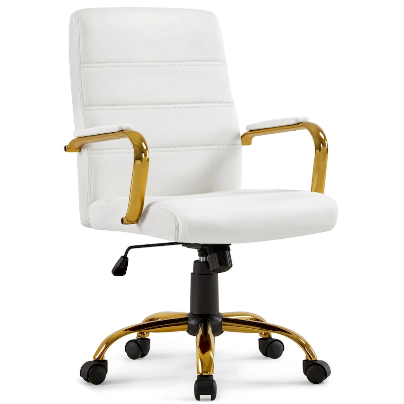 Yaheetech Mid-Back Office Chair with Gold Frame PU Leather Office Executive Chair, White - N/A