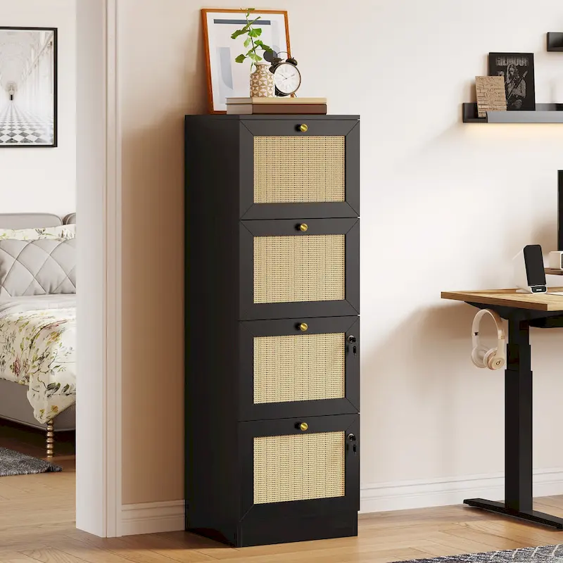 Moasis 15-inch Deep 4 Drawers Rattan Vertical File Cabinet with Lock