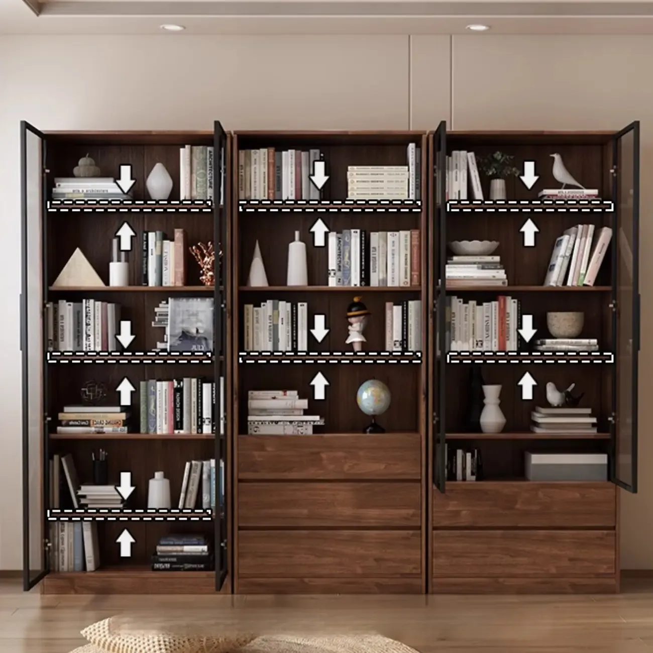Traditional Brown Pecan Wood Bookcase with Drawers